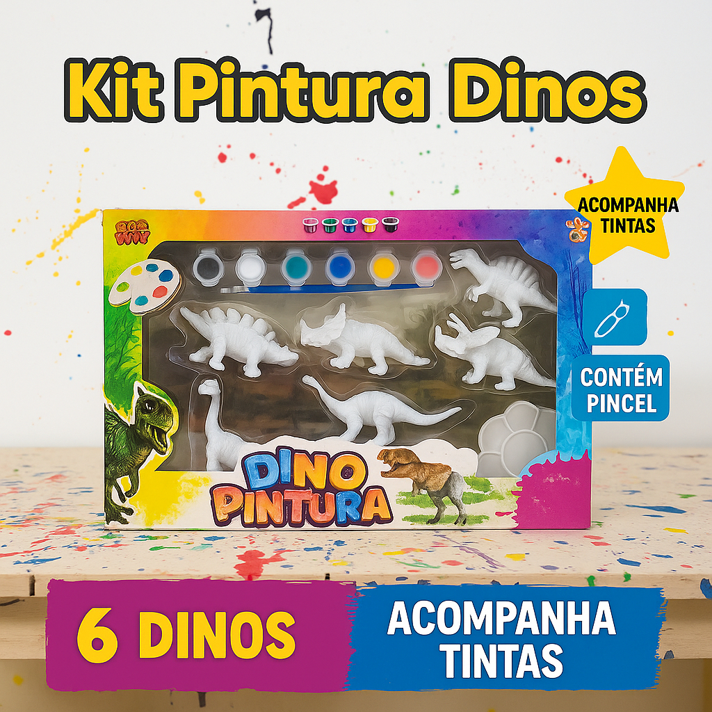 Kit Pintura Dinossauros Ou Selva Com Tintas 6 Dinos Diferentes Brinquedo Diversão Presente Natal
