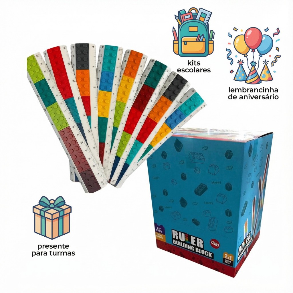 Kit 12 Réguas Blocos de Montar 15cm Encaixe Escolar Criatividade Educativo Raciocínio