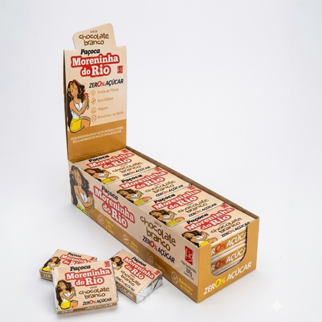 Paçoca Zero Açúcar Sabor Chocolate Branco Retangular Diet Display 276gr / 12Und  Moreninha do Rio