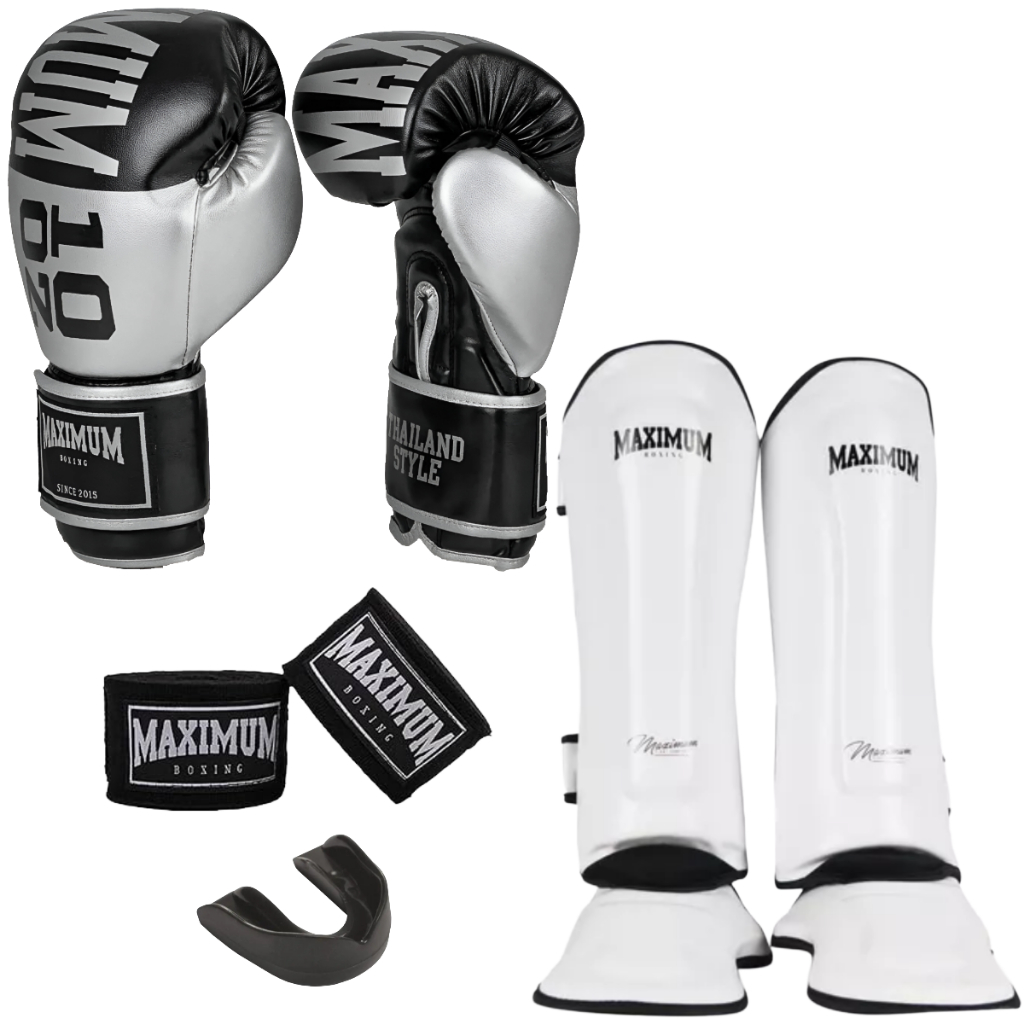 LUVA MUAY THAI INTERMEDIÁRIA SILVER + CANELEIRA MUAY THAI CLASSIC WHITE + BANDAGEM + BUCAL - MAXIMUM