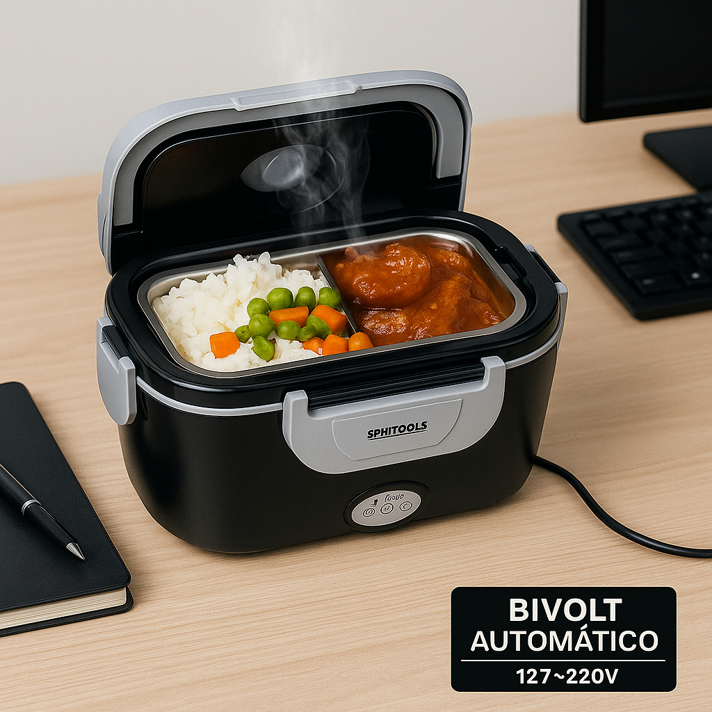 Marmiteira Elétrica Bivolt 1,5L c/ Compartimentos e Travas de Segurança Preta Marmita Trabalho