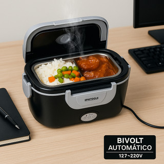 Marmiteira Elétrica Bivolt 1,5L c/ Compartimentos e Travas de Segurança Preta Marmita Trabalho