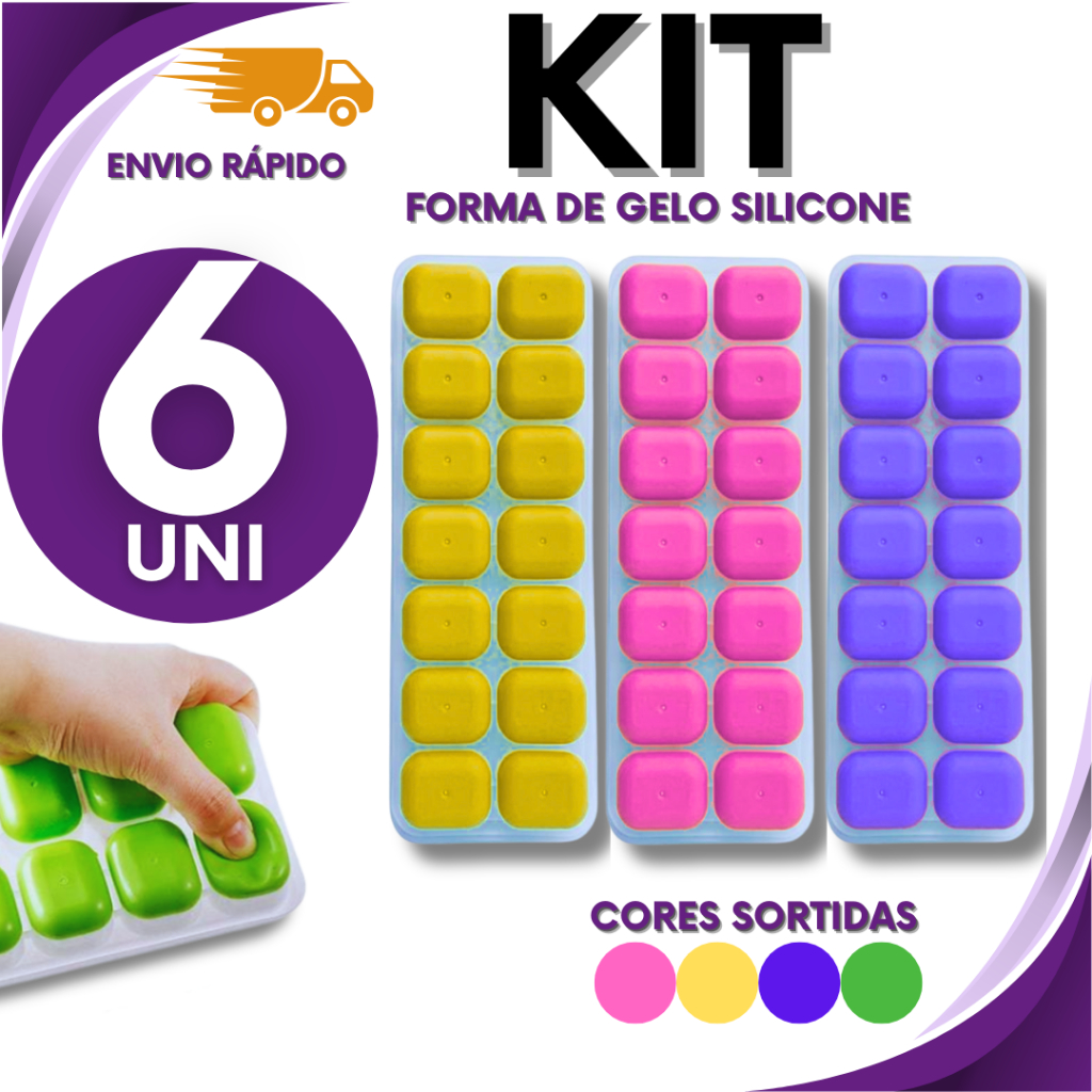 Kit Conjunto 6 Forma Forminha Silicone de Gelo  Fundo Silicone 14 Cubos Cozinha Casa Premium Utilidades Sucos