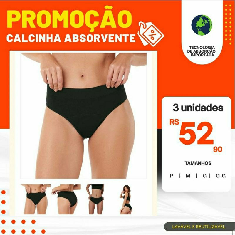 kit 3 Calcinha Absorvente Menstrual Feminina Reutilizável