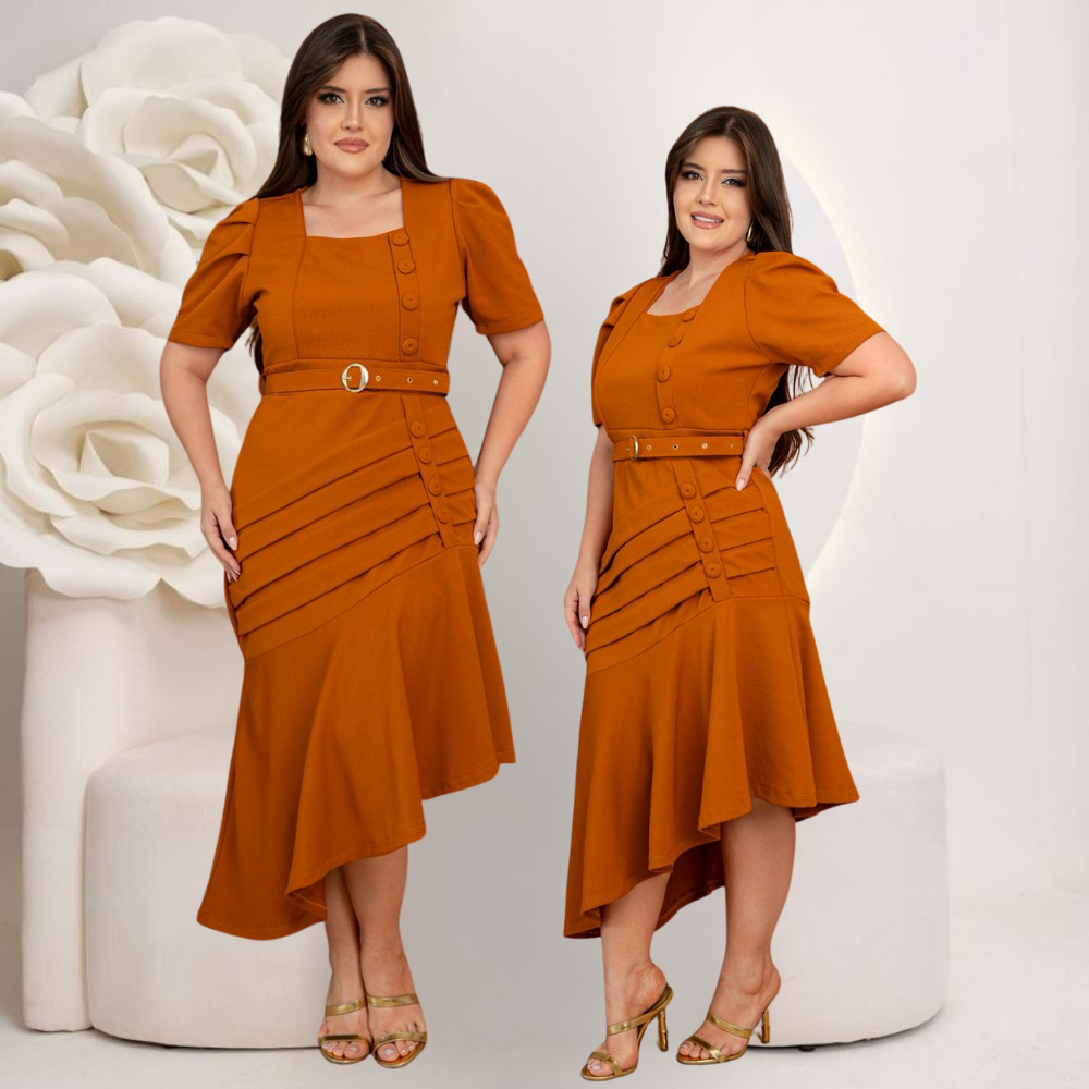 Vestido Feminino Midi Social Plus Size Moda Evangelica Cinto Botão Congresso Manga Estilosa em Oferta na Shopee