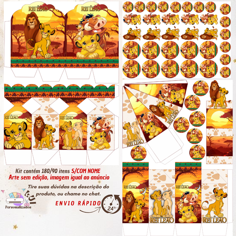 KIT COM 180/90 ITENS LEMBRANCINHAS S/COM NOME TEMA: O REI LEÃO (Envio Rápido) em Oferta na Shopee