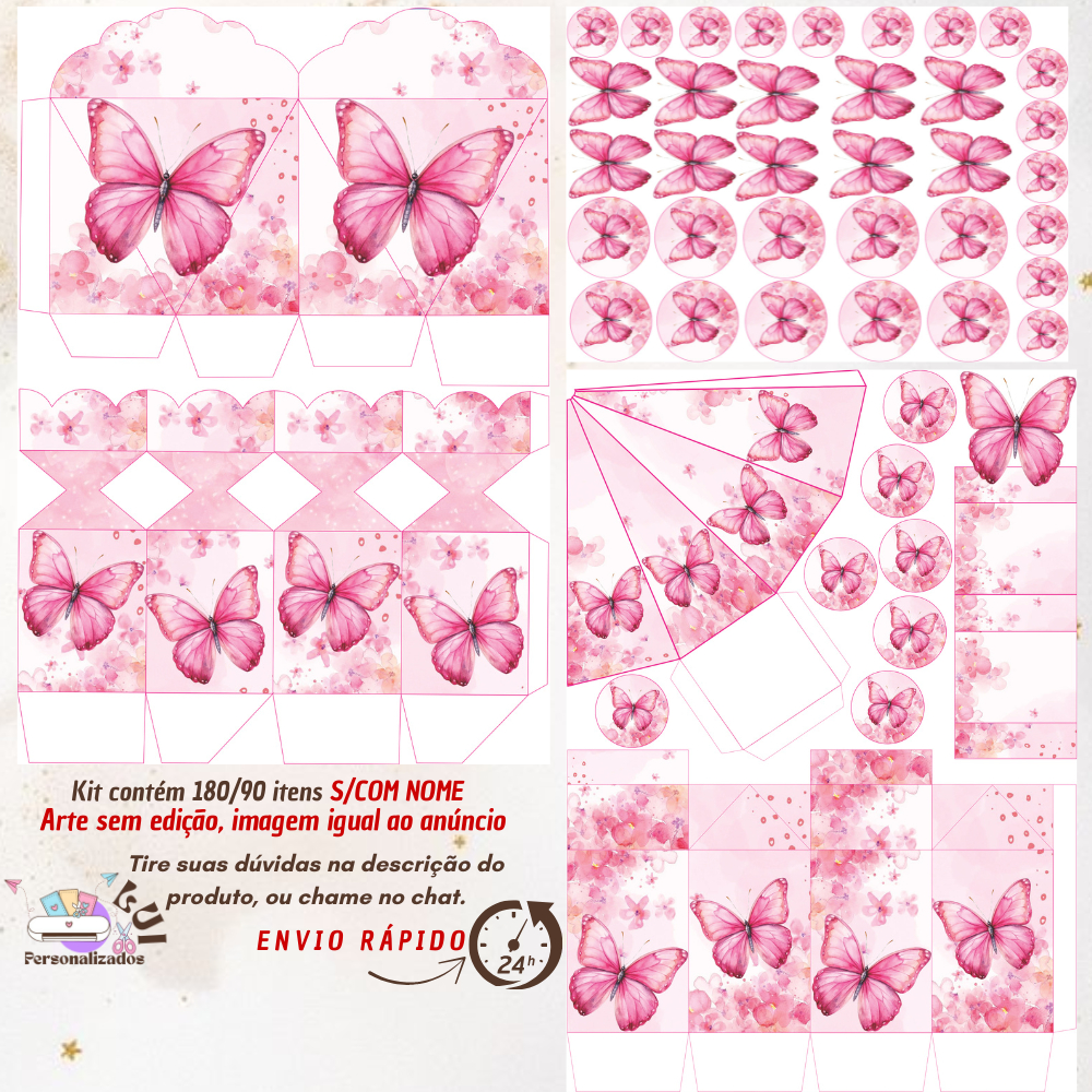 KIT COM 180/90 ITENS LEMBRANCINHAS S/COM NOME TEMA: BORBOLETA ROSA  (Envio Rápido) em Oferta na Shopee