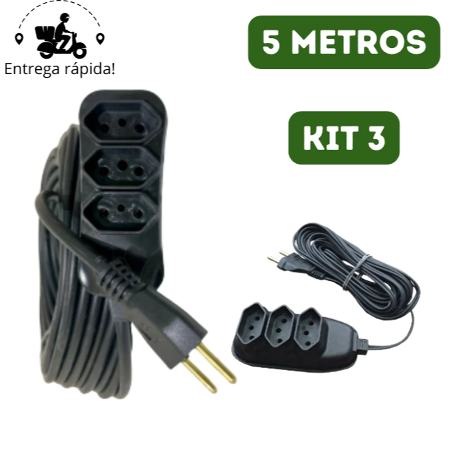 Kit 3 Extensão Elétrica 5 Metros Bivolt com 3 Tomadas 110v 220v Tripolar Alexa Compacta
