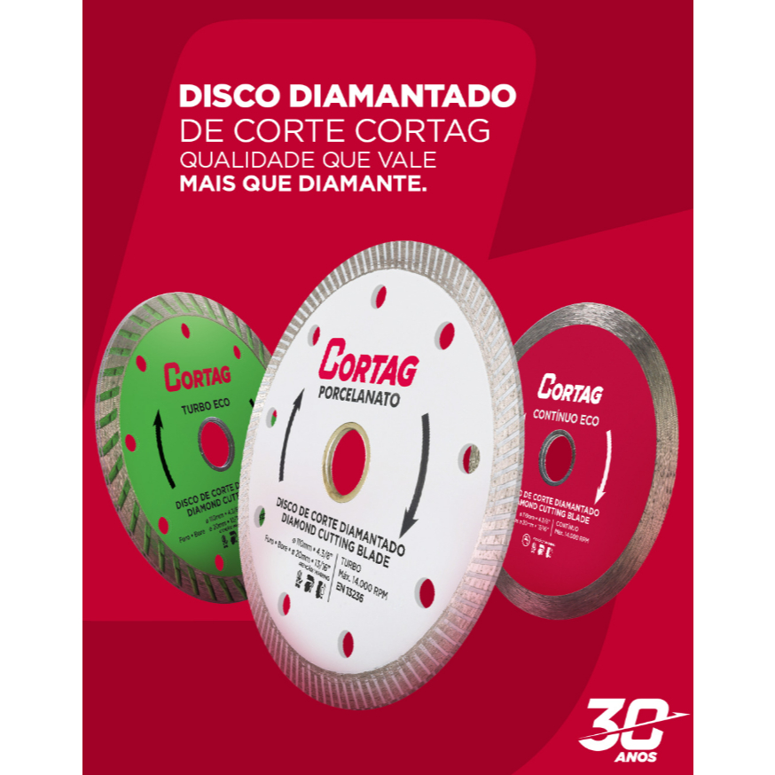 Disco de Corte Cortag Porcelanato Ceramica Concreto Segmentado Eco Turbo Eco Continuo eco