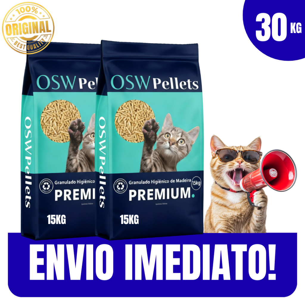 Areia p/Gatos Granulado Madeira Ecológico Biodegradável 15/20/30KG Para Gatos - Envio Imediato