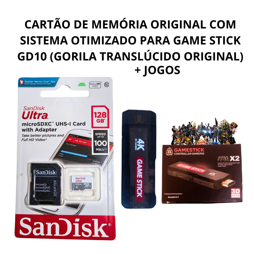 Cartão de Memoria com a Imagem do Sistema Game Stick GD10 128gb (gorila translucido original) + jogo