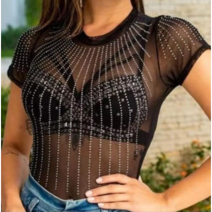 Body Preto com StrassTecido em tule com leve transparência