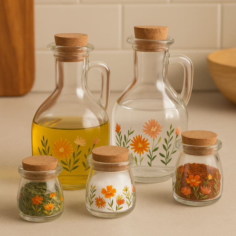 Galheteiro em Vidro Lyor Floral Garrafa para Azeite Vinagre Porta Temperos com Tampa em Cortiça Provence 185ml Lyor