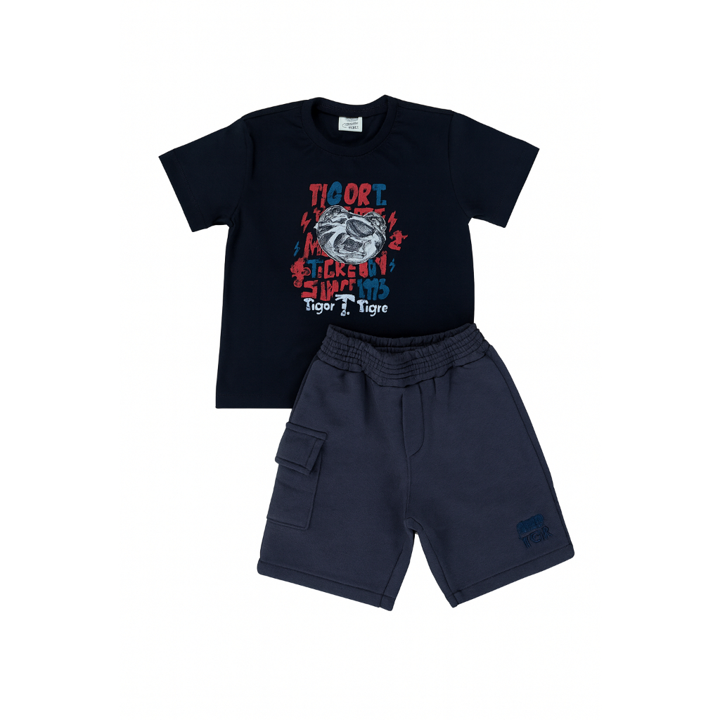 Conjunto Inspiração Infantil Masculino Tigor Peças Algodão + Bermuda Moletom | 2 a 12 Anos