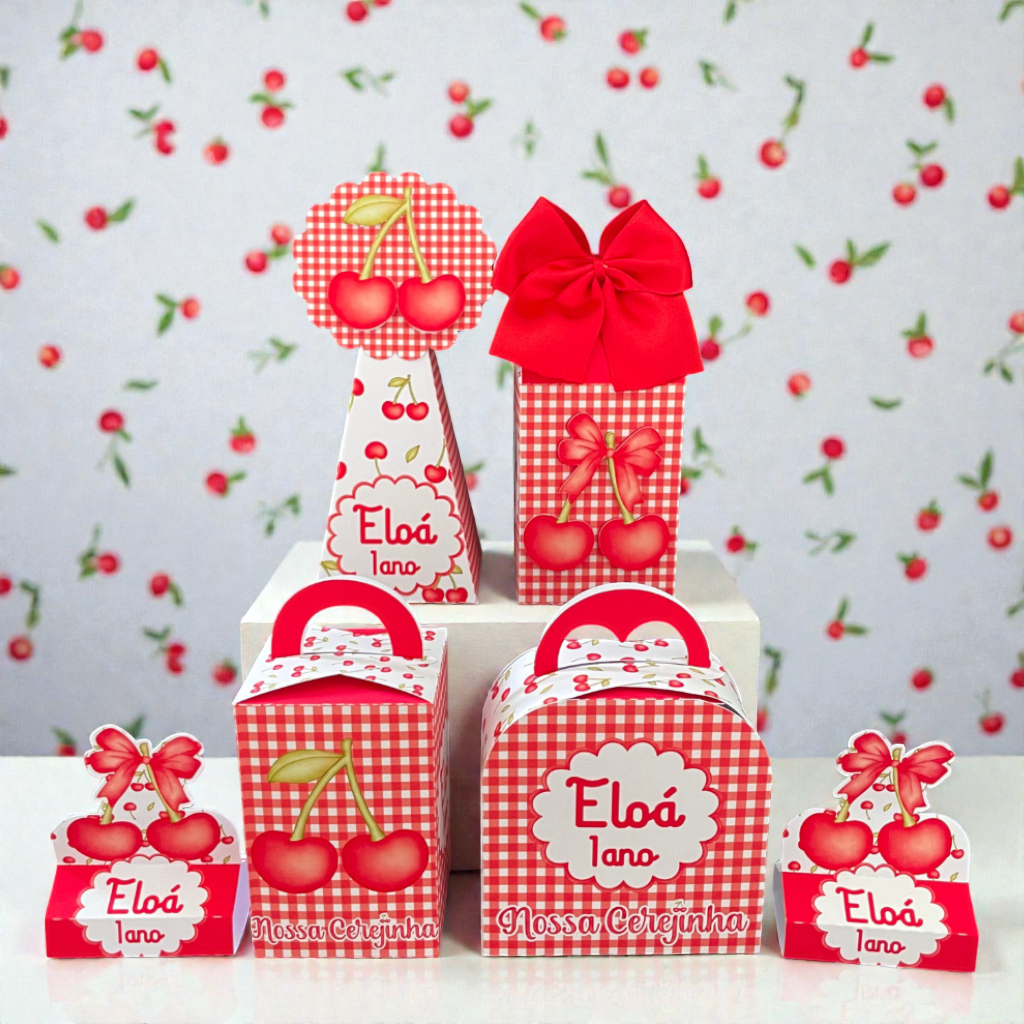 Kit Personalizados Festa tema Cerejinha Cereja Lembrancinhas Aniversário Papelaria Caixinhas Caixas