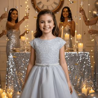 Vestido Infantil de Festa Prata com Bordado e Saia em Tule – Luxo e Elegância 6 ao 16 em Oferta na Shopee