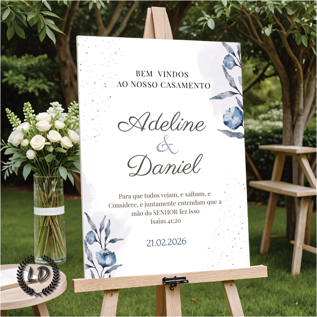 Placa Para Recepção de Casamento Isaias 41;20 Flores Azuis Nomes e Data Personalizado