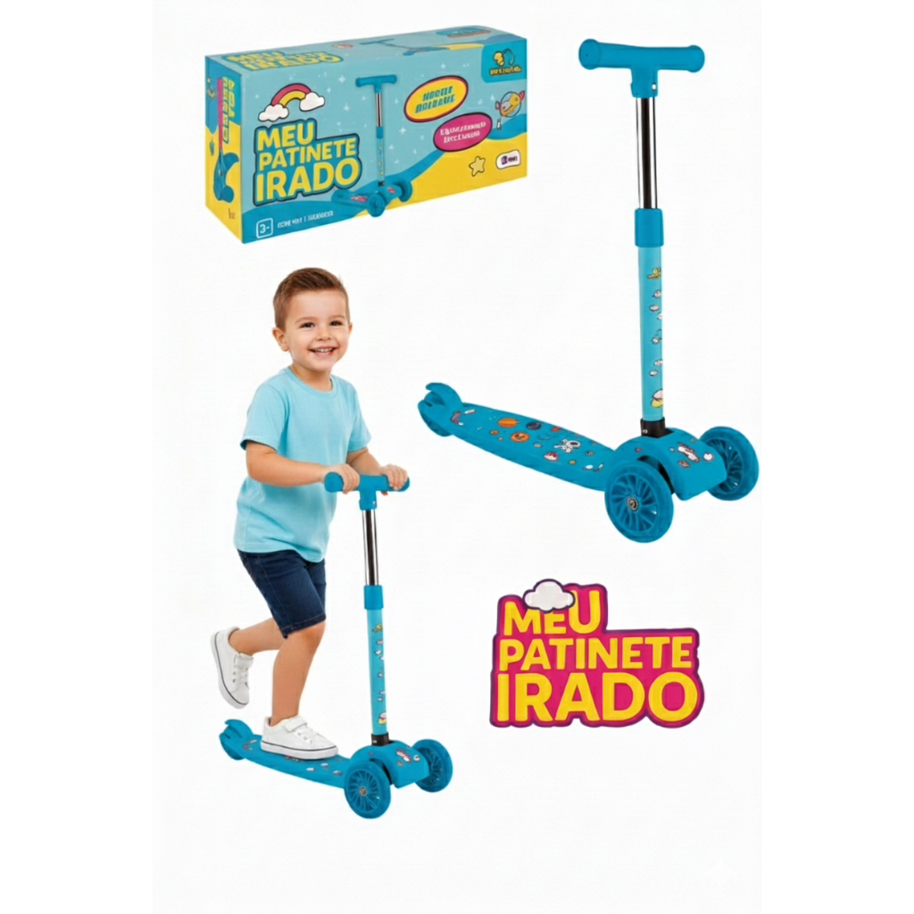 Patinete Infantil Just Fun Scooter Menino Azul Guidão Ajustável Som Led Luz Música Presente Natal Irado