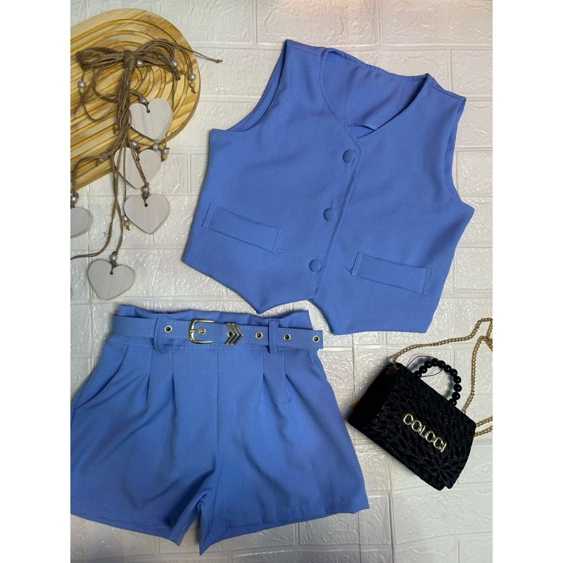Conjunto Alfaiataria  Shorts 12 ao 16 Anos Luxo Juvenil Menina Colete e Shorts Moda Blogueirinha em Oferta na Shopee