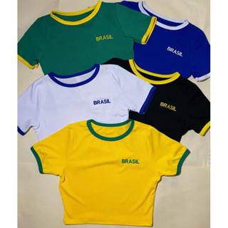 Cropped Brasil Copa Feminino Canelado Bordado Tendência Blogueira Várias Cores em Oferta na Shopee