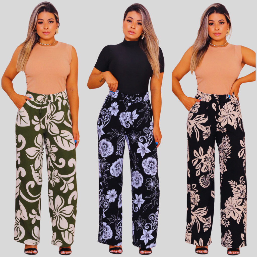 Calça Estampada Feminina Pantalona Cintura Alta Tecido Leve Confortável em Oferta na Shopee
