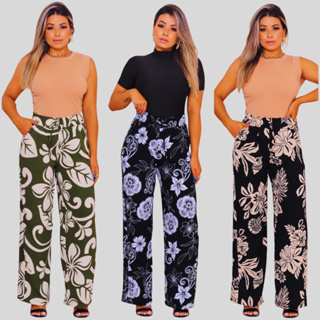 Calça Estampada Feminina Pantalona Cintura Alta Tecido Leve Confortável em Oferta na Shopee