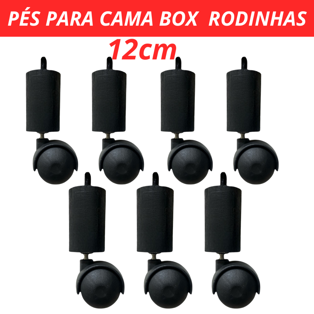 Pés para cama box Rodinhas pé Rodízio Madeira 12cm Box Solteiro Casal Queen King - Cor Preto