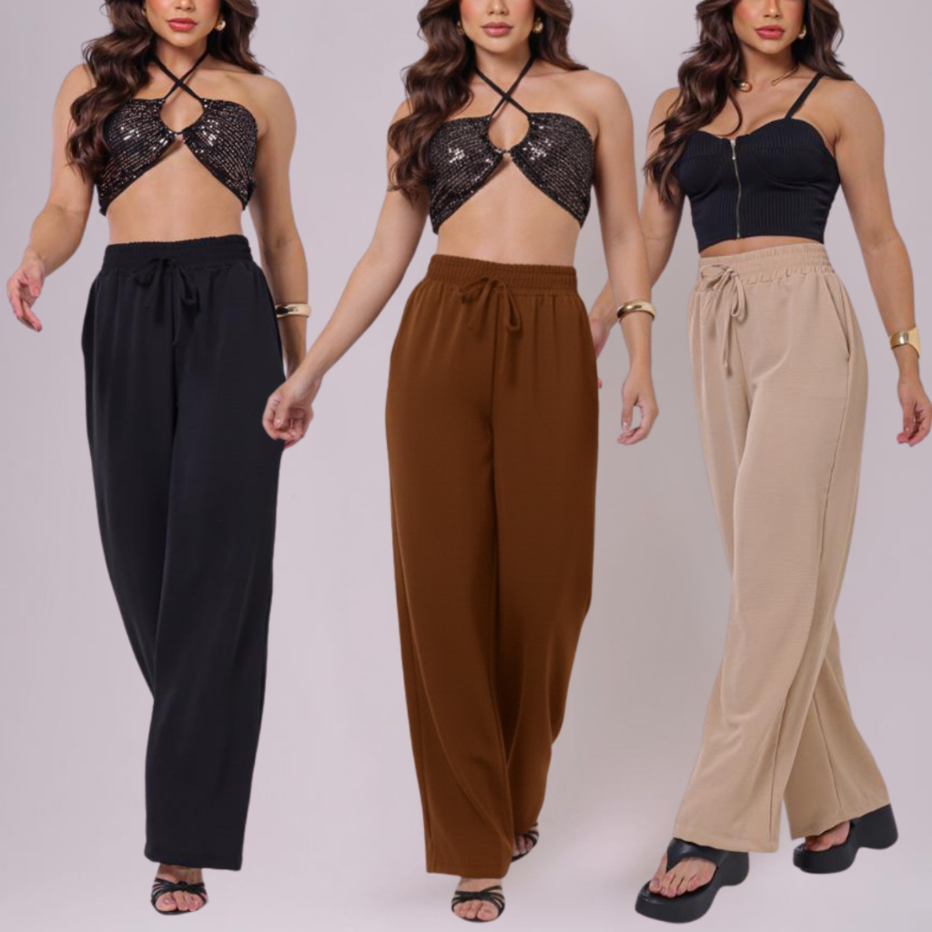 Kit Calça Duna 2 Calça Feminina Pantalona Wid Leg Com Bolso Calça Com Elastico Confortavel Premium