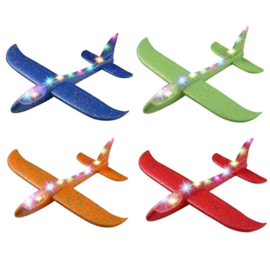 Brinquedo Avião Planador De Isopor e Espuma com LED Grande Flexível - 50cm com Luzes LED Voa Criança