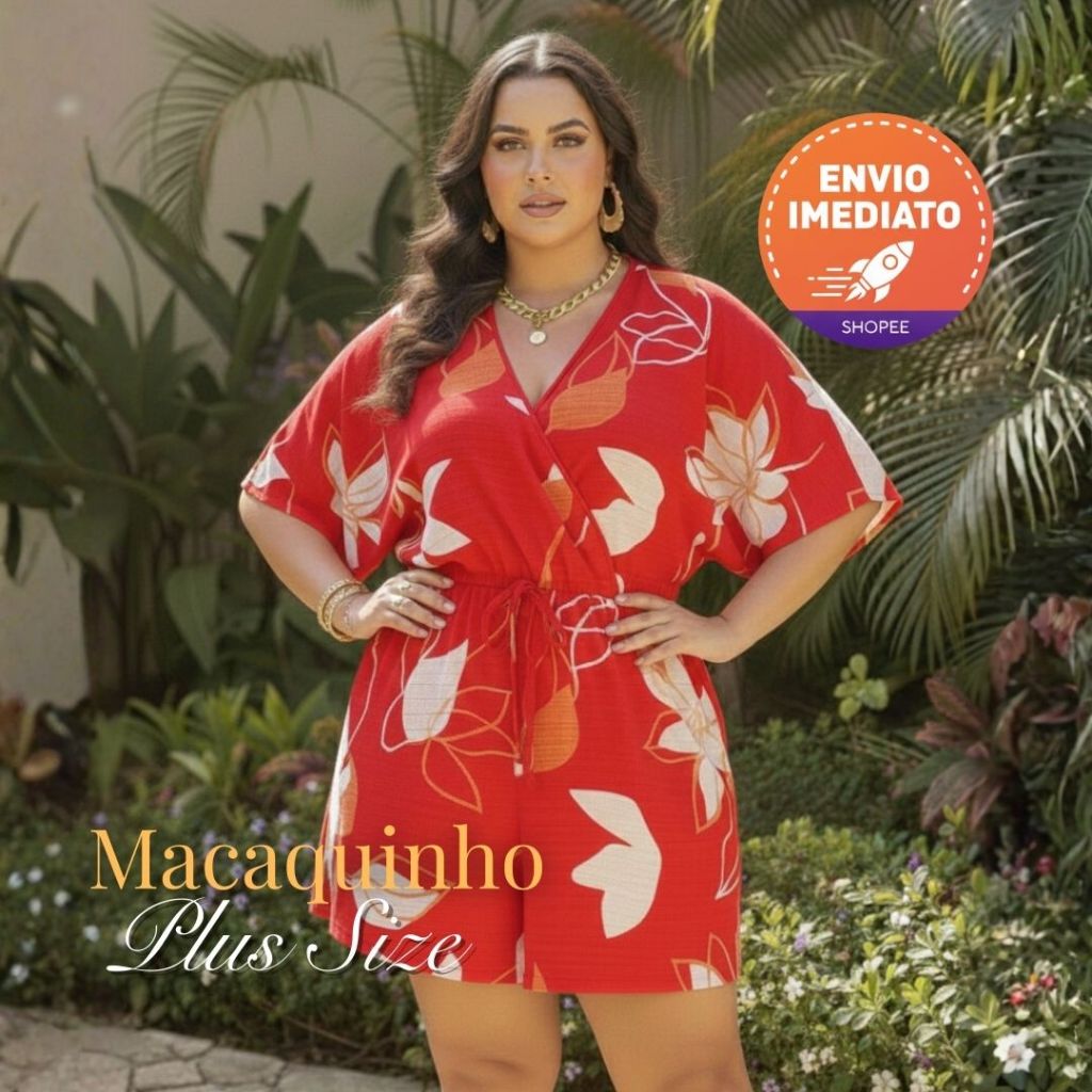 Macaquinho Plus Size Solto Estampado Duna com Forro no Short Manga Morcego Cintura Ajustável Moda Feminina Verão