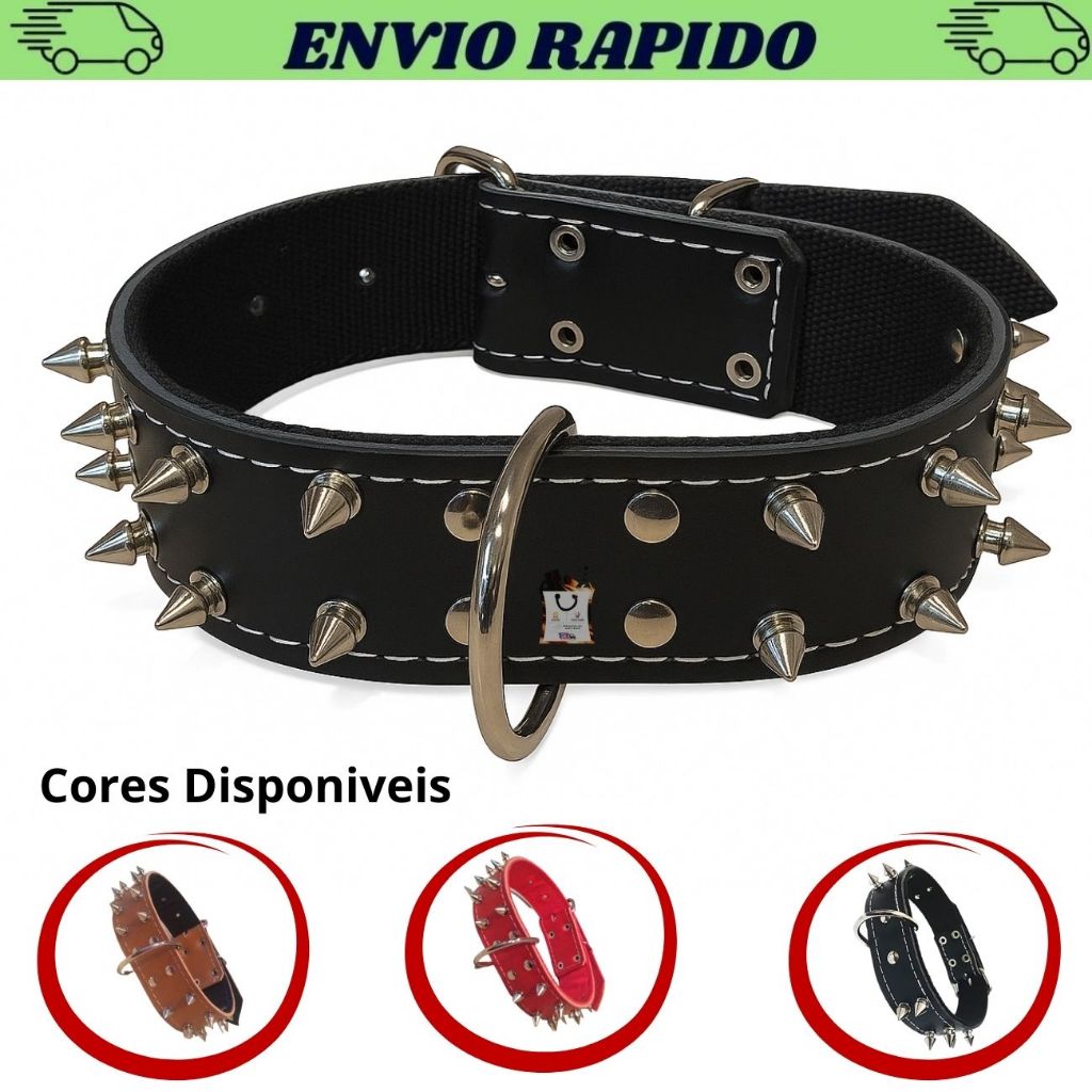 Coleira Cachorro Couro Cravo Modelo Larga Reforçada Forrada Nylon Melhor Co orto