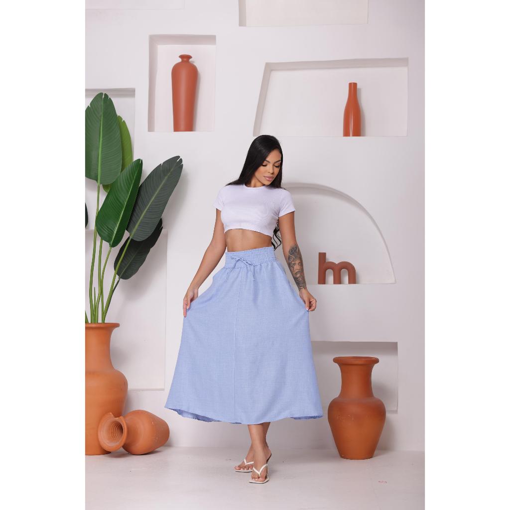 Saia Longa duna linho Com Bolsos e cintura com Elástico Moda Casual em Oferta na Shopee