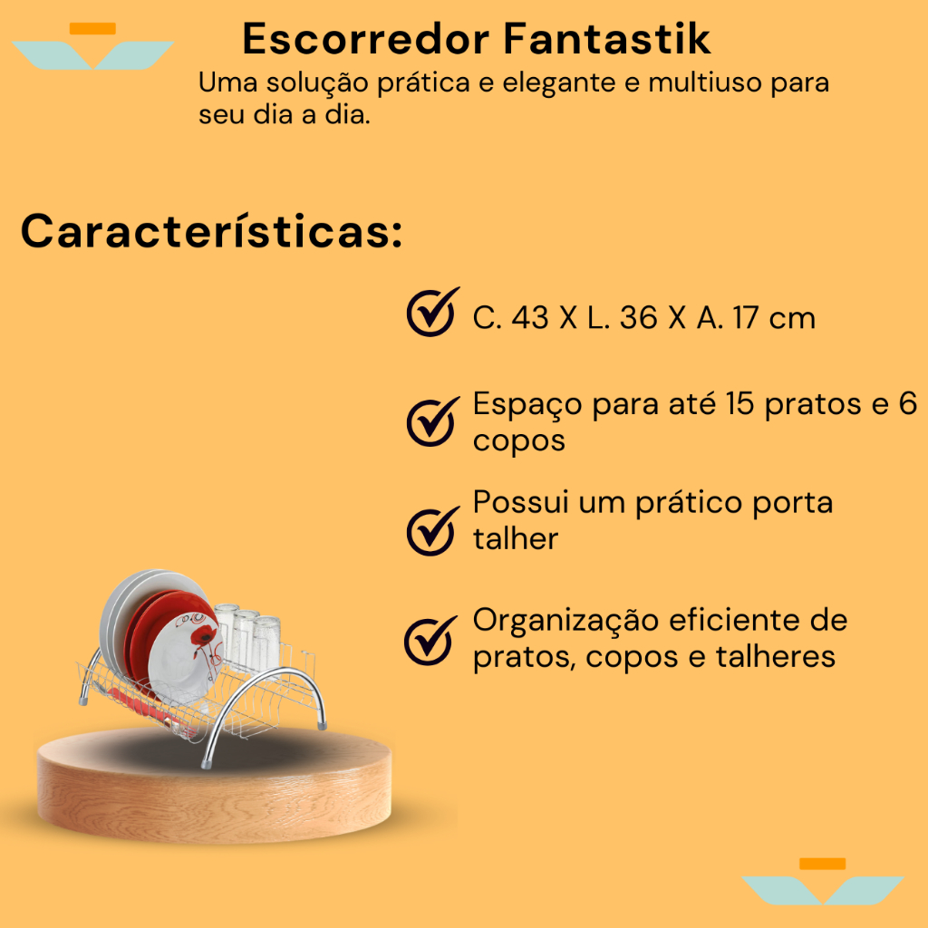 Escorredor De Louça Inox 15 Pratos Com Porta Copos E Talheres Secador Organizador Fantastik Arthi