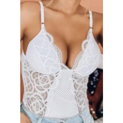 Body Branco em Renda, Bojo estruturado, Alças  arrastão