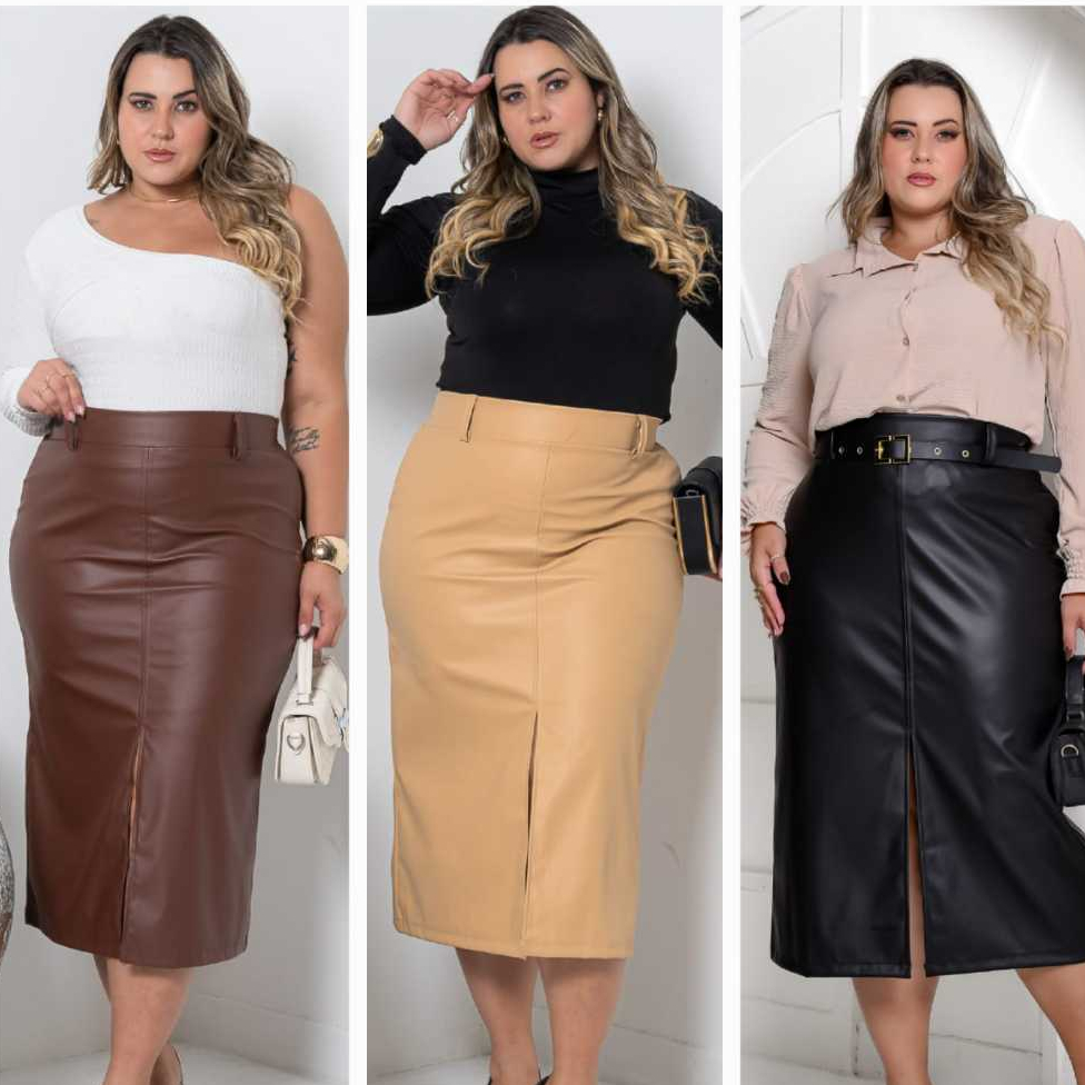 Saia Midi Femenina Couro Cinto Plus Size com Ziper lateral Moda Evangelica em Oferta na Shopee