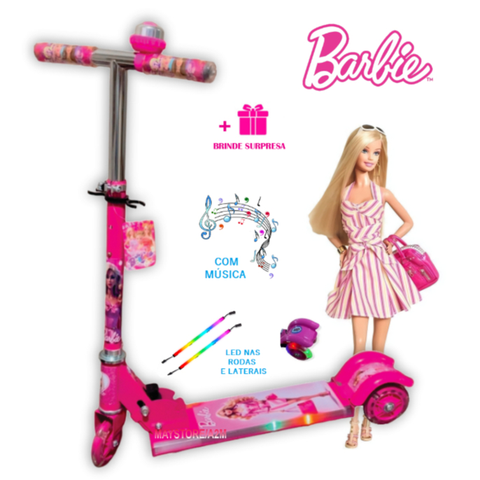 Patinete Barbie Rosa Musical Infantil Menina Led Nas 3 Rodas e Laterais Ferro Freio Metal Buzina