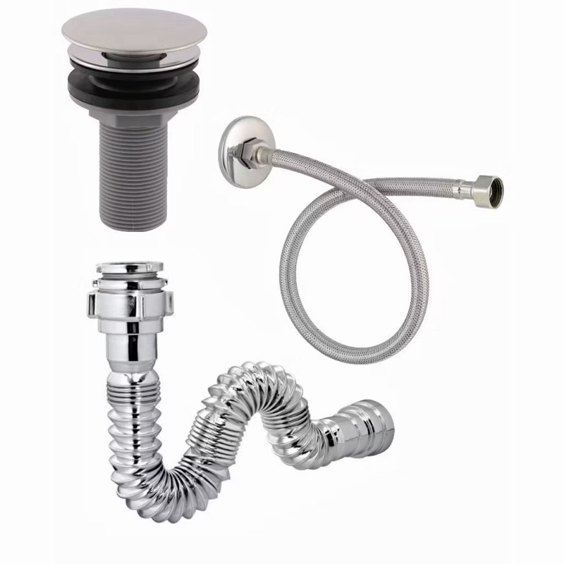 Válvula Click ABS Cromada + Sifão Cromado + Engate Flexível 40cm – Kit Completo para Pia
