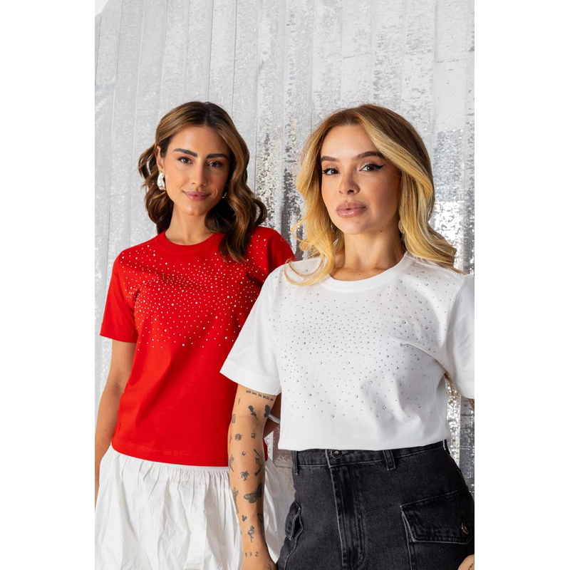 Blusa T-Shirt Pedraria Cravejada Strass Camiseta Feminina Básica 100% Algodão Casual