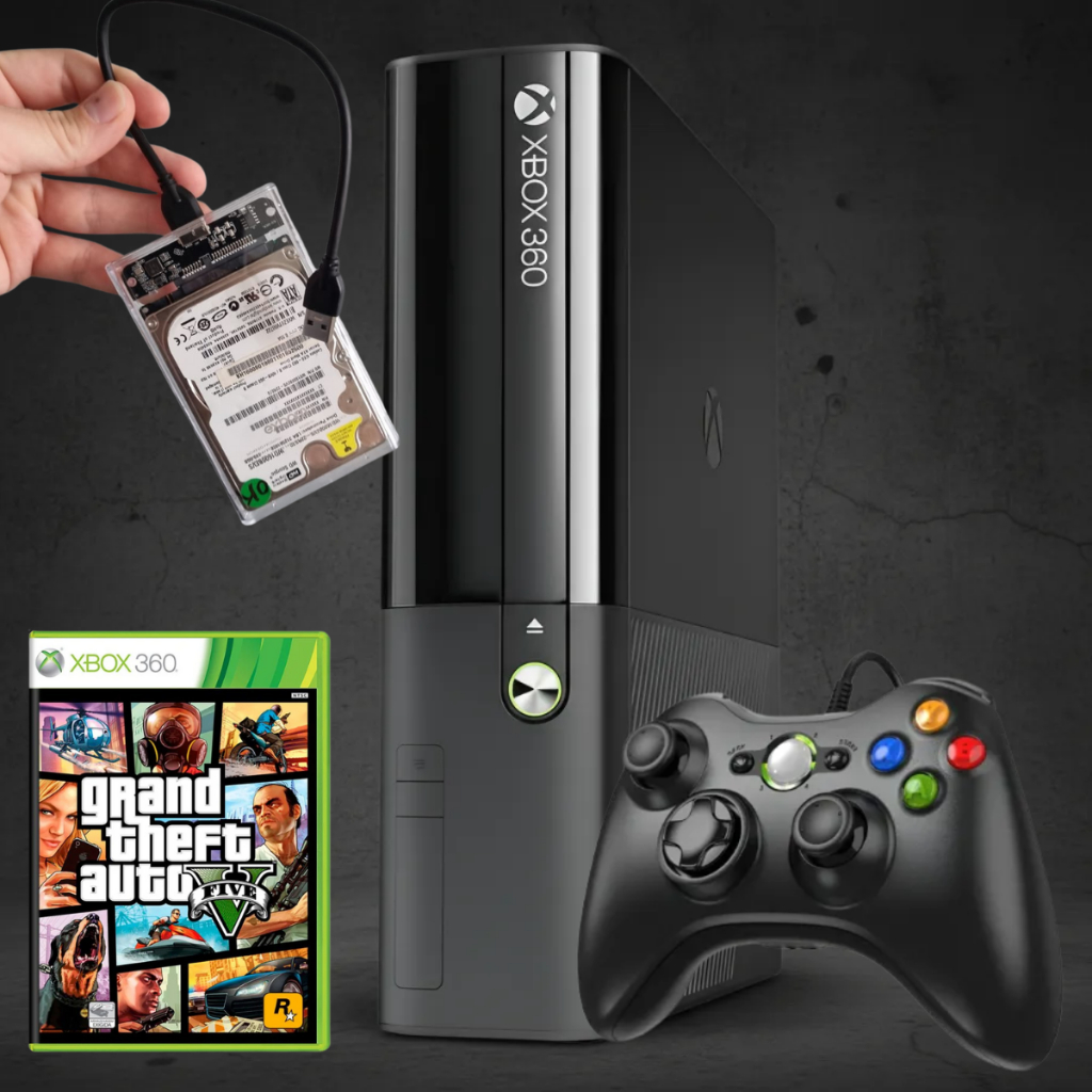 Xbox 360 Super slim + Hd 250Gb 1 controle com fio Gta 5, fc 25, fifa 19, minecraft 50 jogos