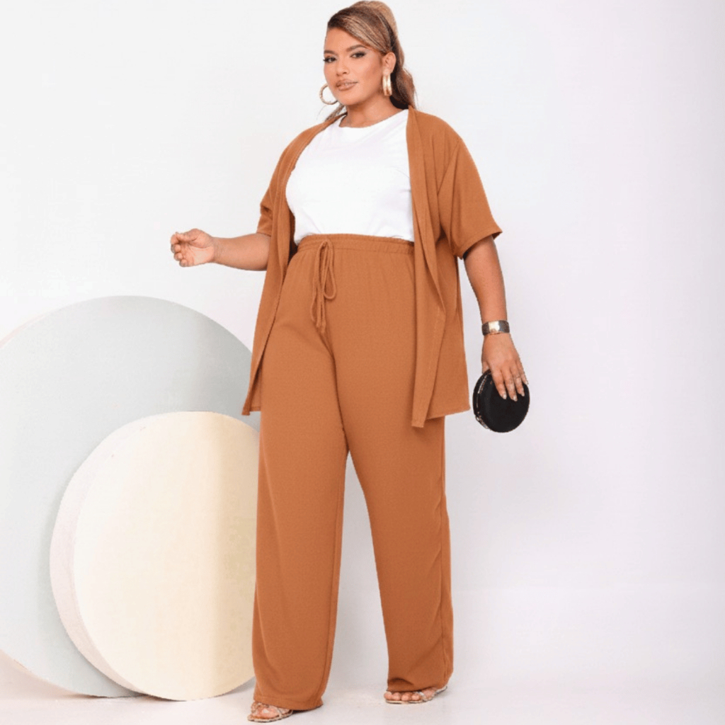 Conjunto Feminino Plus Size Duas Peças Pantalona Com Kimono Confortável em Oferta na Shopee