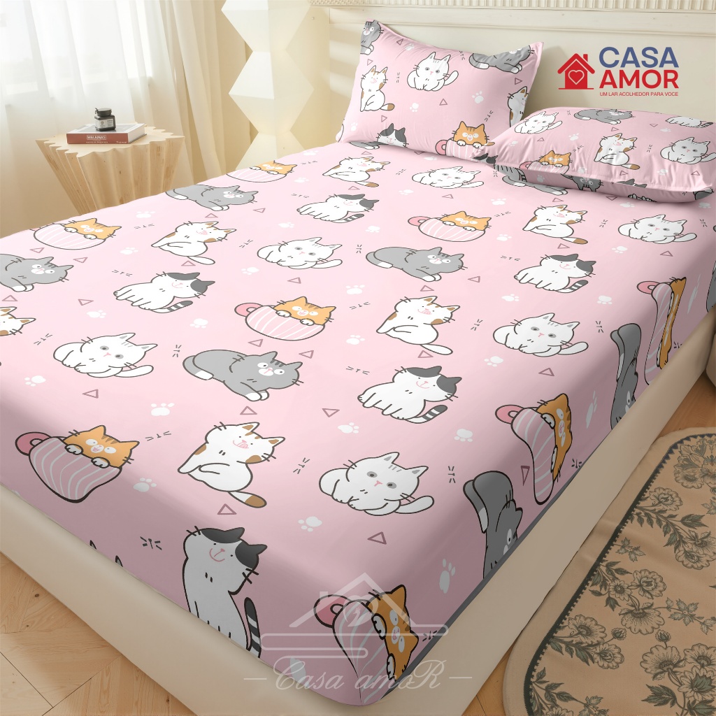 Gatinho De Desenho Animado Durável Jogo De Lençol 03 Peças CASAL QUEEN SOLTEIRO Percal Ponto Palito em Oferta na Shopee