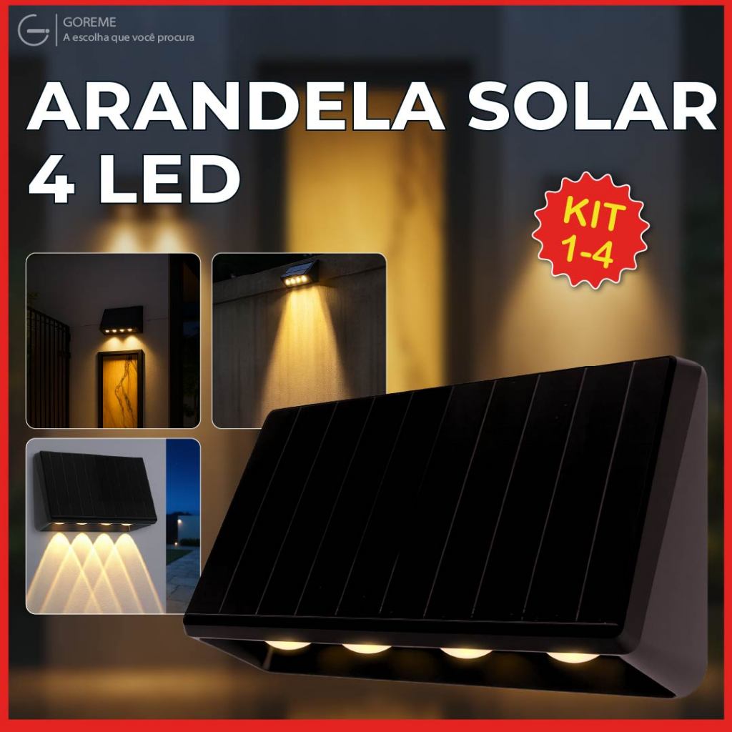 Arandela Solar Luminária 4 Led Placa Solar Embutida A Prova dágua Modelo Resistente a Chuva em Oferta na Shopee