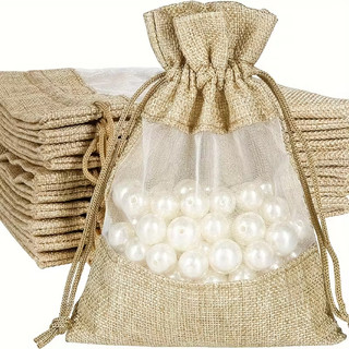 Kit com 10 Unidades Saco Juta Algodão Crú Com Visor