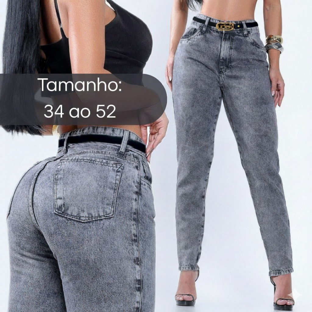 Calça Feminina Mom Jeans Com Cinto Algodão PREMIUM 34 ao 52 em Oferta na Shopee