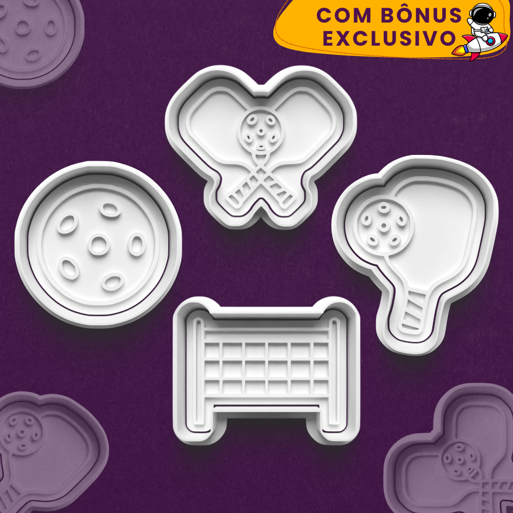 Kit 4 Cortador de Biscoito Pickleball Raquete Bola Rede Esporte + Ebook de Receitas - 3D Verso