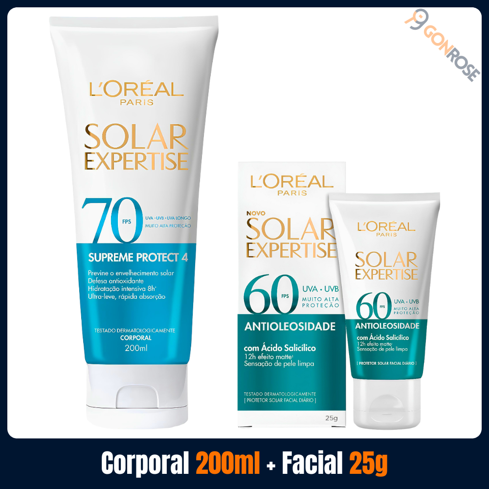 Kit Loreal Solar Expertise com 1 Protetor Corporal Supreme Protect 4 FPS70 200ml + 1 Facial Antioleosidade FPS60 25g
