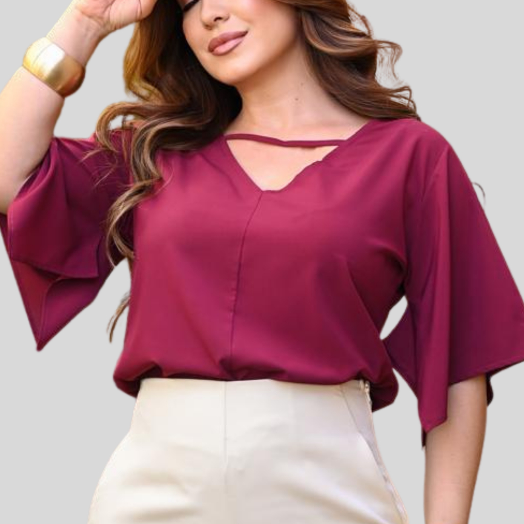 Blusa Blusinha Decote em V Gola Cores Lisas Manga Morcego Manguinha Inverno Outono Verão Marsala Elegante Moderna