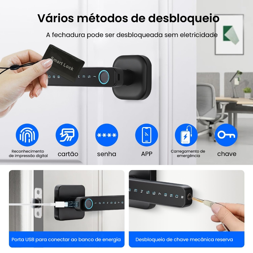 Fechadura Eletrônica Digital 6 em 1 Com Biometria, Bluetooth, Senha Touch, Chave e Tag，100 lmpressöes, app senha