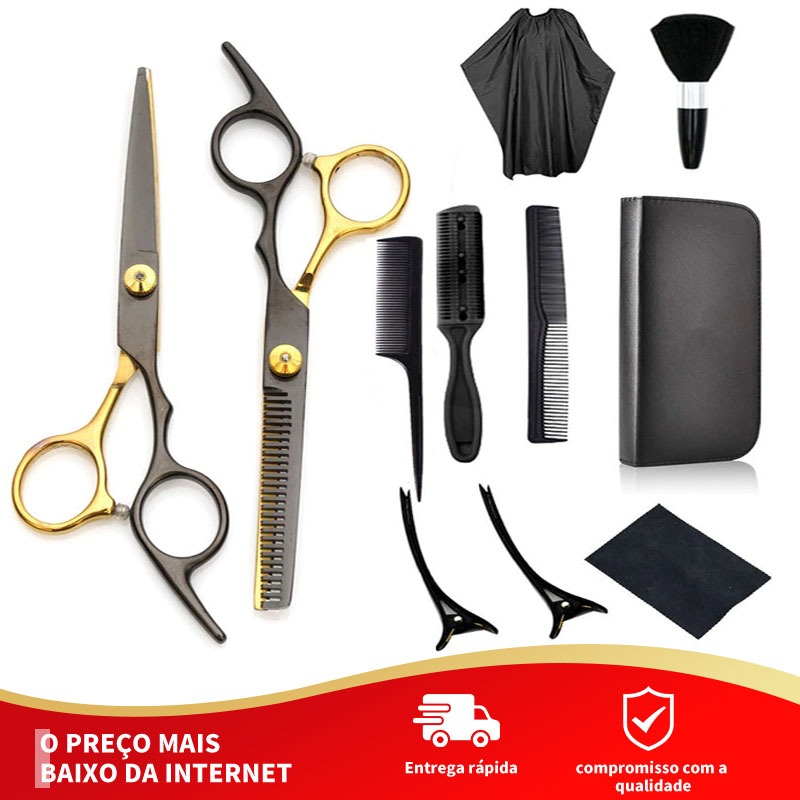 Kit 11 Tesoura Barbeiro Fio Navalha E Desfiadeira + Acessórios Espanador Pente Presilhas em Metal Navalhete e Capa Cabel em Oferta na Shopee