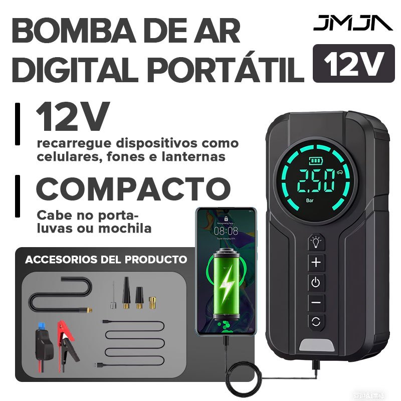 JMJN Compressor de Ar Portátil 7 em 1 com Power Bank 8000mAh Bomba Inflador 12V Calibrador Digital para Carro Moto Bike em Oferta na Shopee